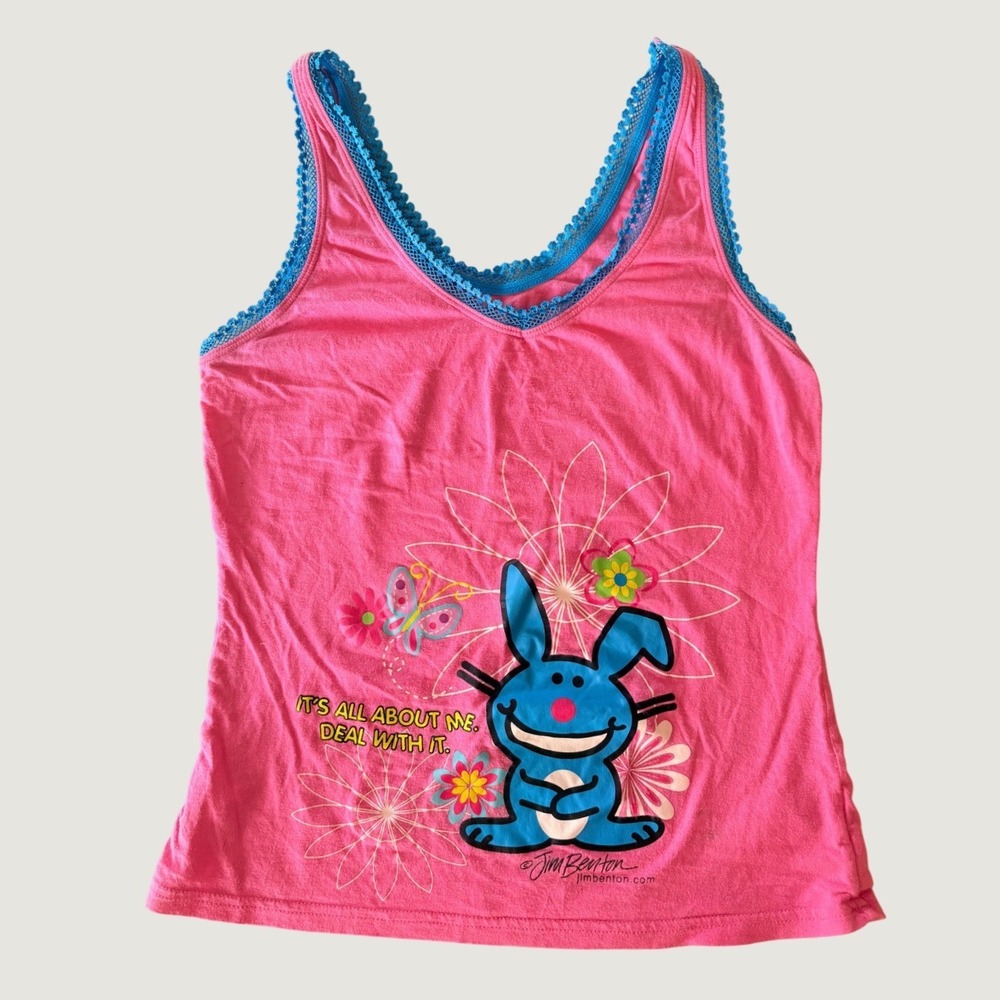 Vintage Y2K Jim Benton Happy Bunny Pink Lace Trim Tank Top Cami Kidcore #16
